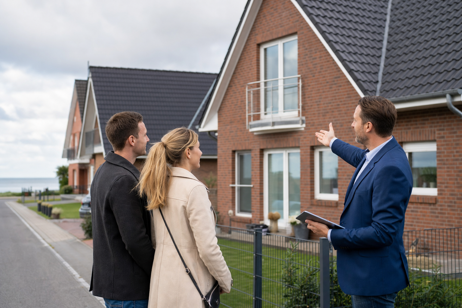 Makler zeigt Paar ein Einfamilienhaus nahe der Nordseeküste in Cuxhaven