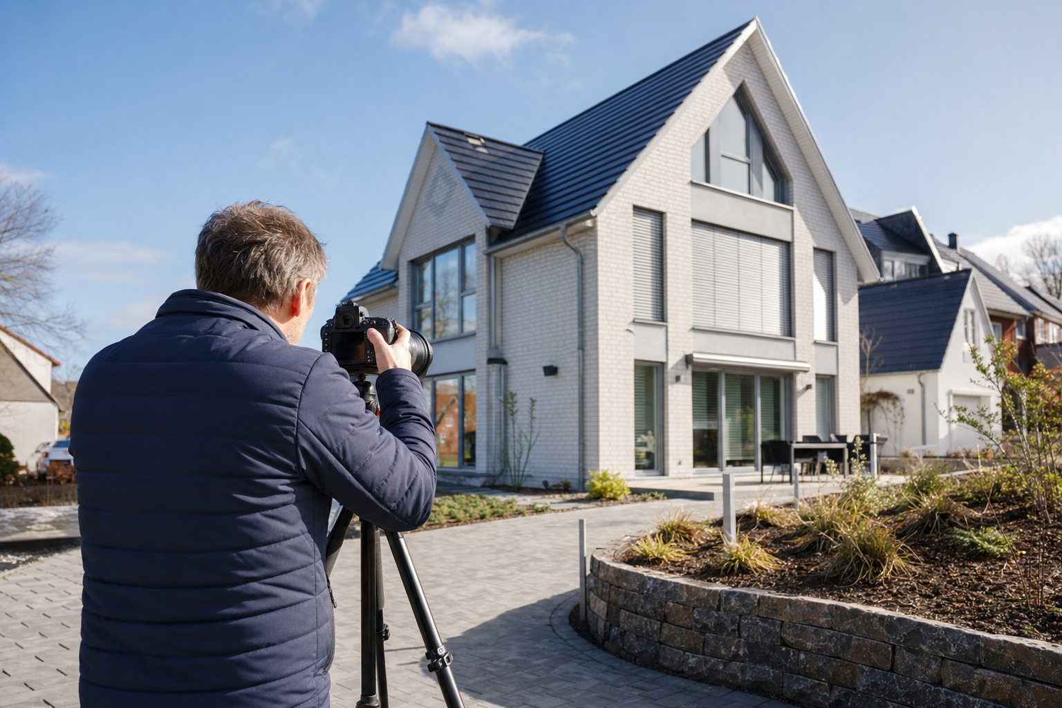 Professioneller Immobilienfotograf bei Aufnahmen einer exklusiven Villa in Cuxhaven