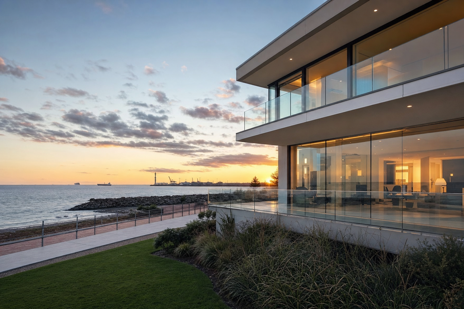 Exklusive Strandvilla in Cuxhaven mit Meerblick und moderner Architektur bei Sonnenuntergang