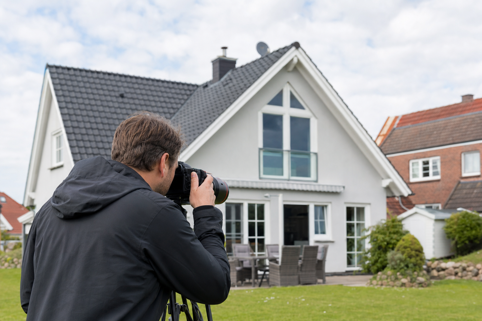 Immobilienfotografin bei Außenaufnahmen eines Ferienhauses nahe der Cuxhavener Küste