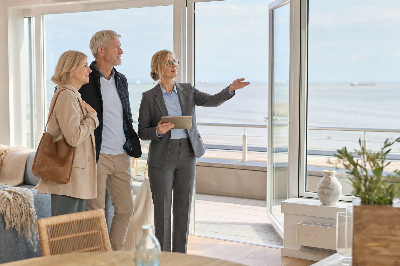 Kaufinteressenten besichtigen mit einer Beraterin eine helle Ferienwohnung an der Nordsee