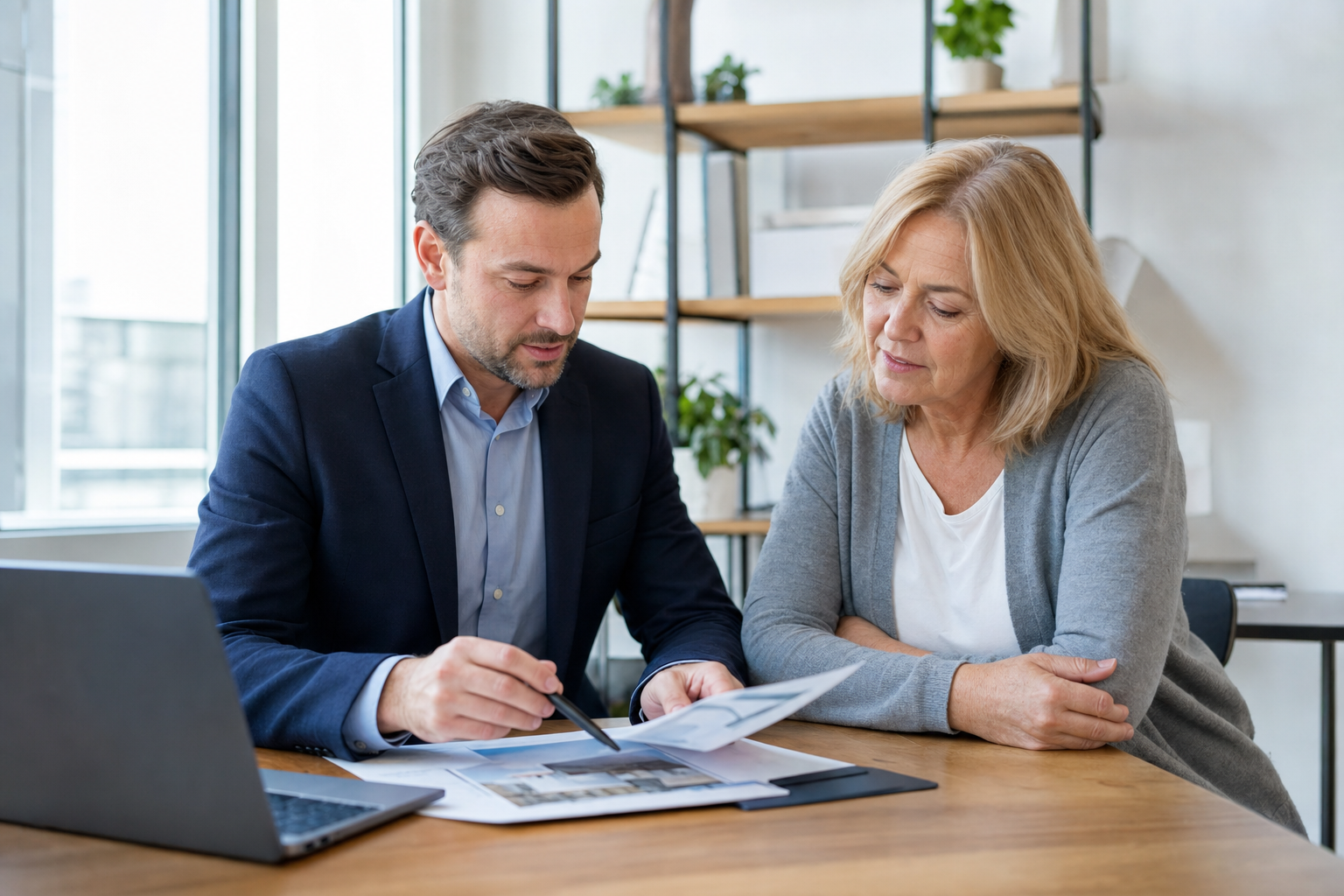 Makler und Eigentümer besprechen Unterlagen am Tisch in einem modernen Büro