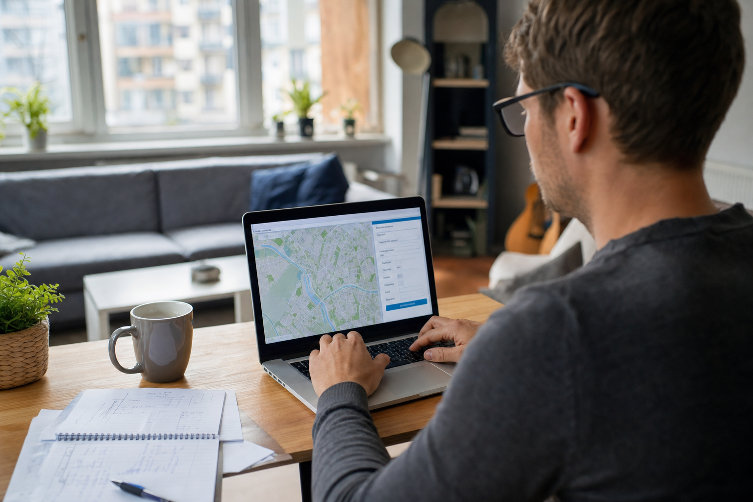Eigentümer sitzt mit Laptop im Wohnzimmer und gibt Immobiliendaten online ein