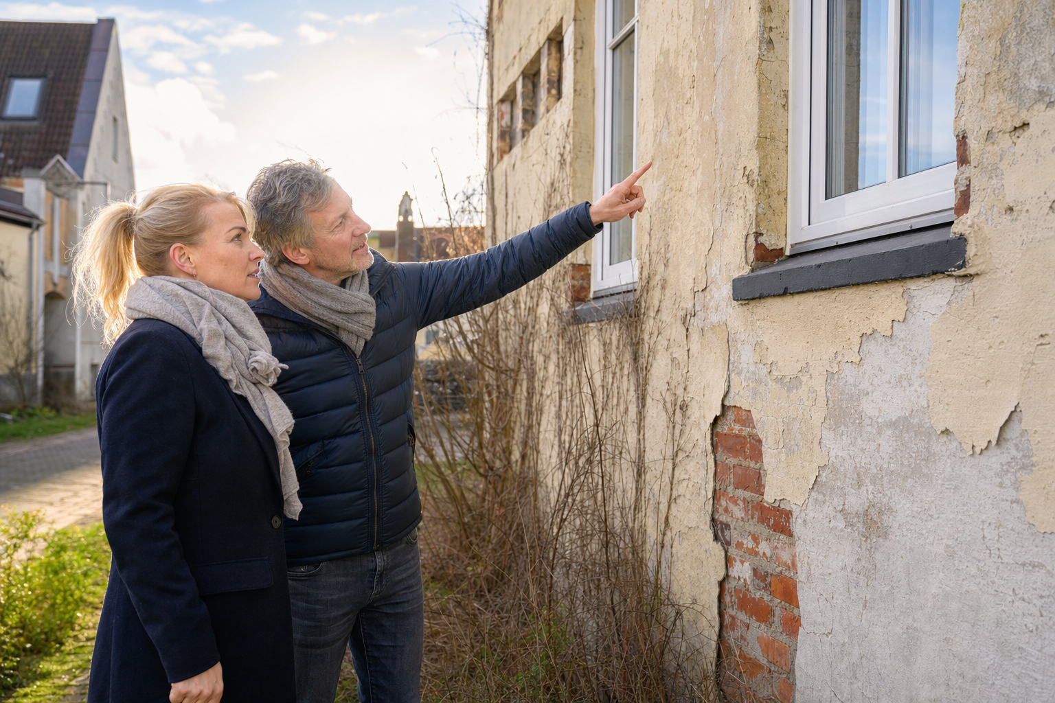 Paar besichtigt die wetterbeanspruchte Fassade eines Hauses nahe der Nordseeküste