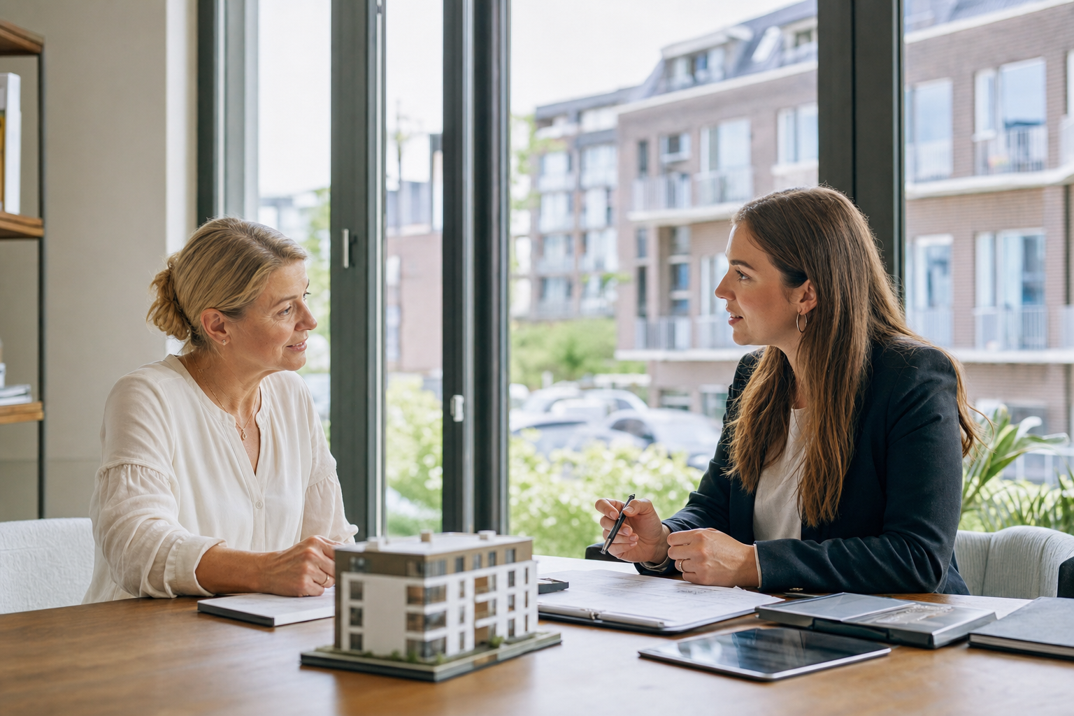 Eigentümerin und Immobilienberater besprechen Mietverträge an einem Schreibtisch in Cuxhaven