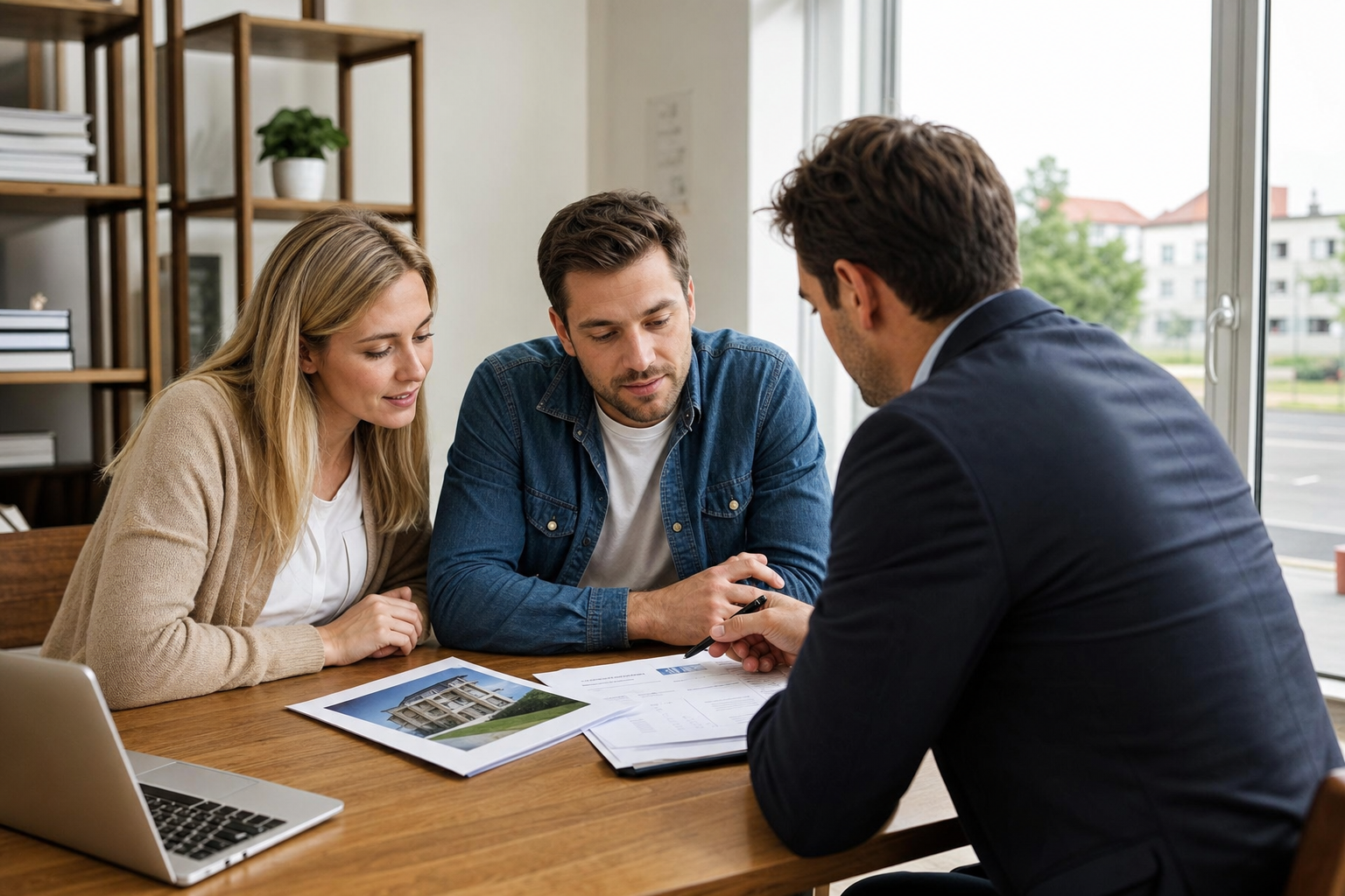 Paar bespricht Immobilienfinanzierung mit Berater am Tisch mit Unterlagen