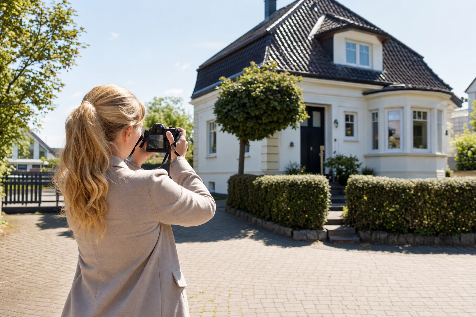 Maklerin fotografiert ein gepflegtes Einfamilienhaus in Cuxhaven