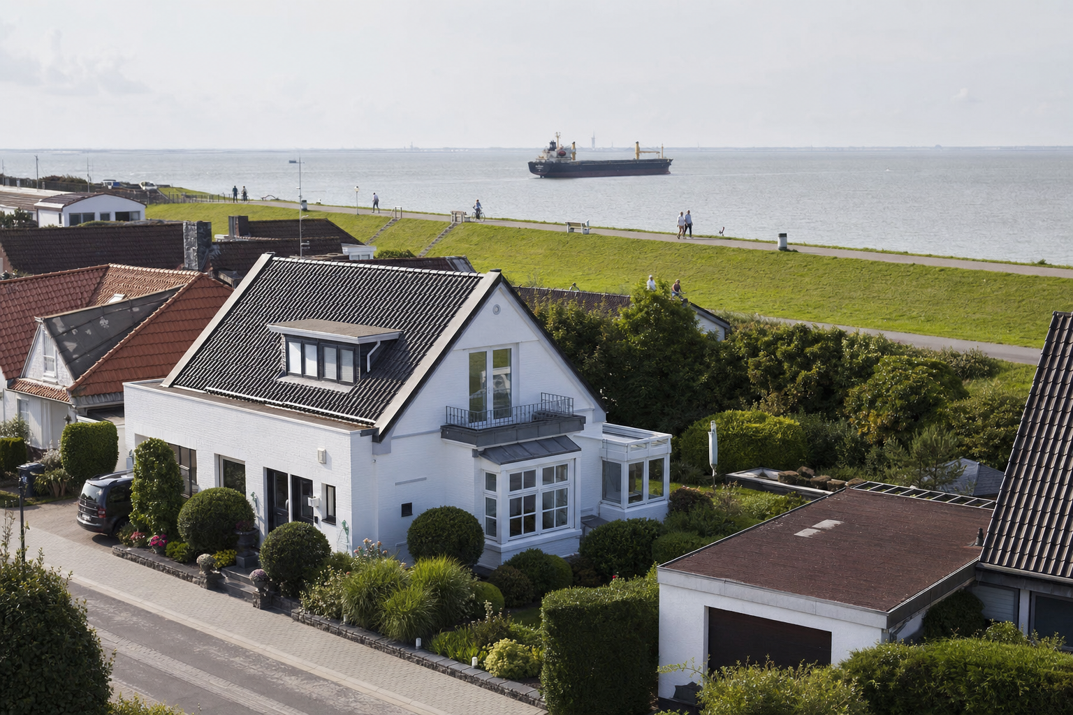 Einfamilienhäuser nahe der Küste in Cuxhaven mit Deich und Nordsee im Hintergrund