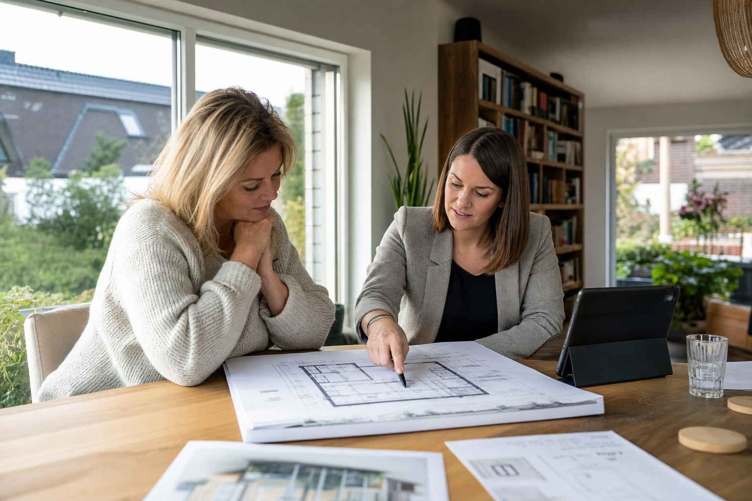 Eigentümerin und Immobilienexperte prüfen Baupläne in einem Wohnhaus in Cuxhaven