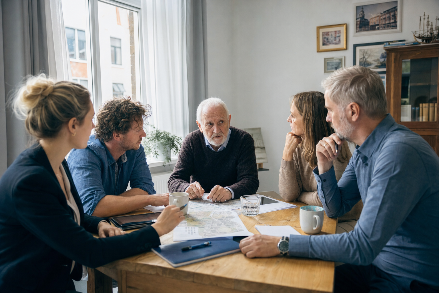 Erbengemeinschaft bei einer Besprechung in einem Wohnhaus in Cuxhaven