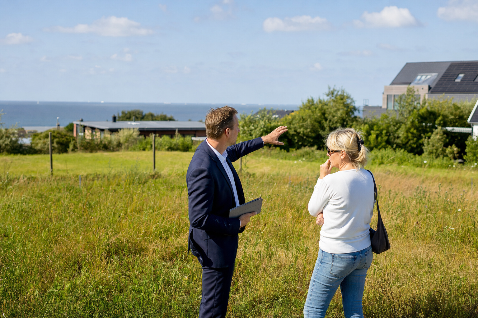 Makler zeigt Baugrundstück nahe der Nordsee einem Interessenten bei sonnigem Wetter