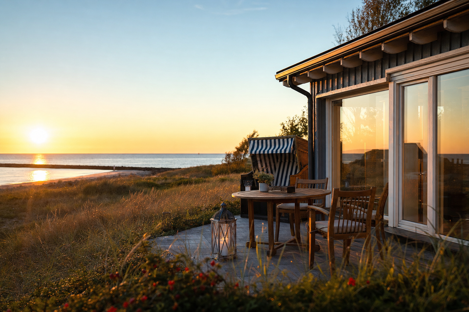 Ferienhaus an der Nordseeküste mit Blick auf Dünen und Meer bei Sonnenuntergang