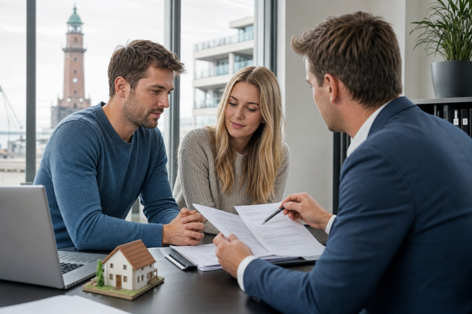 Paar spricht mit Bankberater über Immobilienfinanzierung in einem modernen Büro