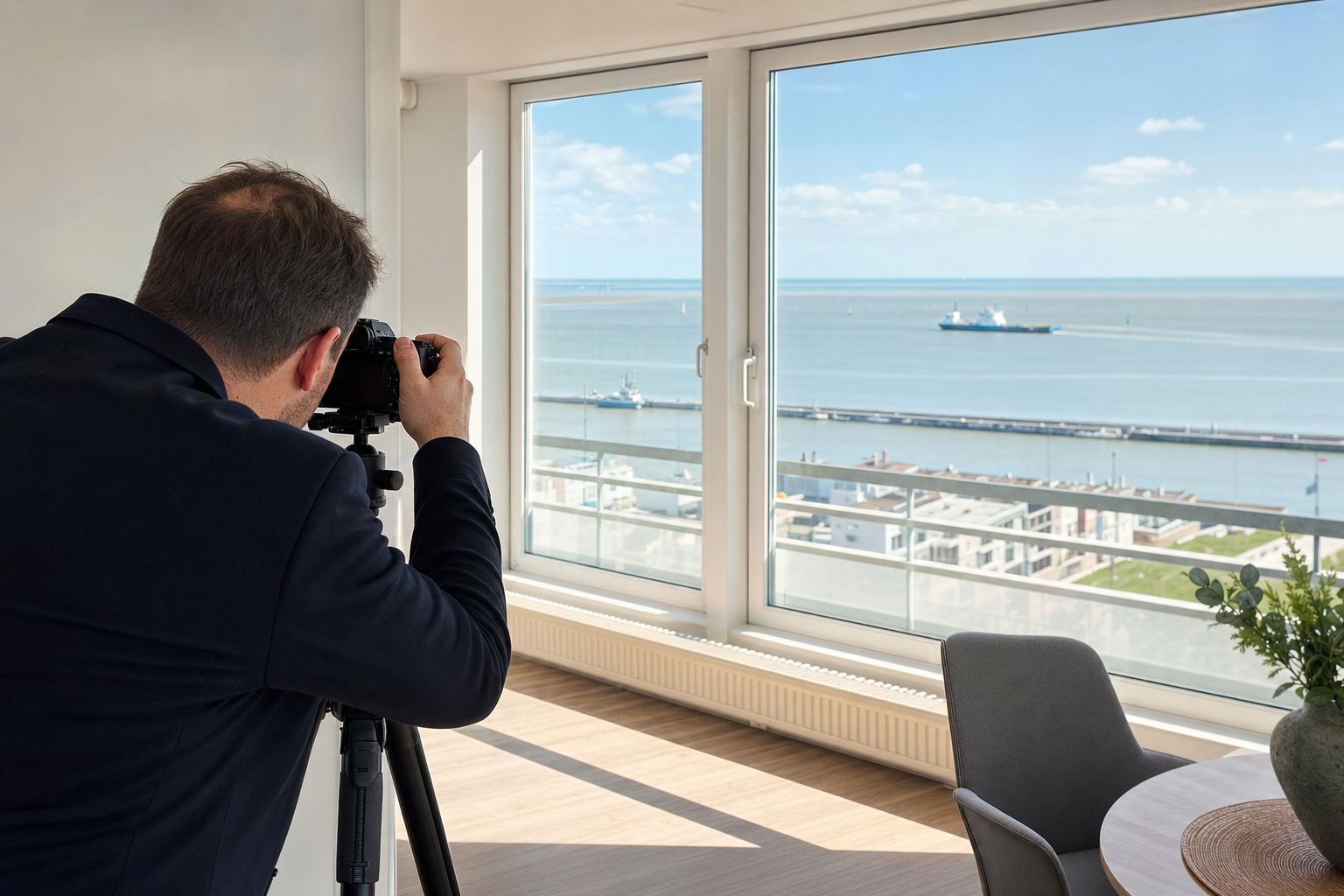 Makler fotografiert helle Eigentumswohnung mit Blick auf die Nordsee in Cuxhaven