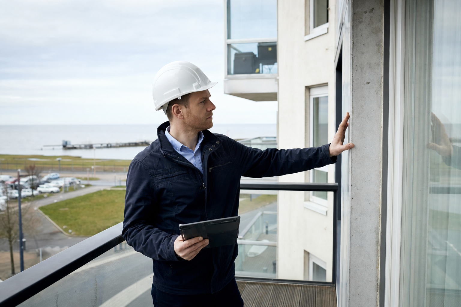 Bausachverständiger prüft einen Balkon an einem Mehrfamilienhaus nahe der Nordseeküste