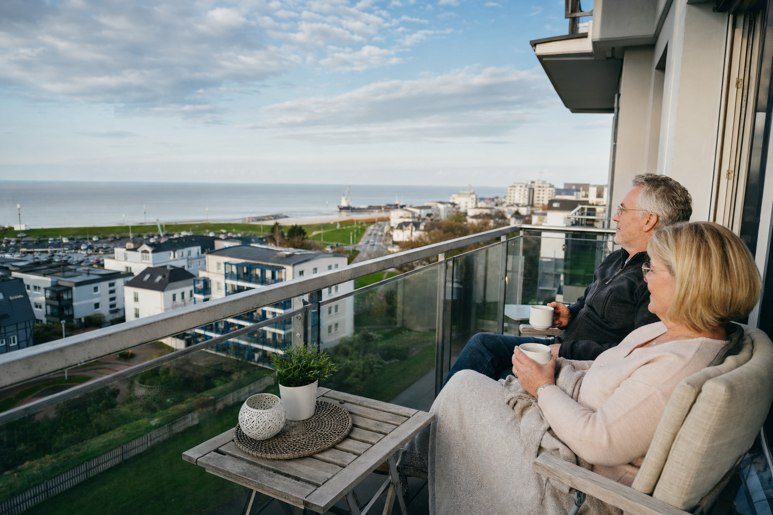 Feriengäste auf dem Balkon einer Wohnung mit Blick auf die Küste von Cuxhaven