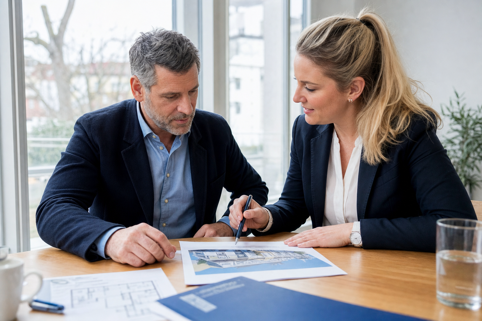 Eigentümer und Immobilienmaklerin prüfen einen Maklervertrag in einem hellen Büro