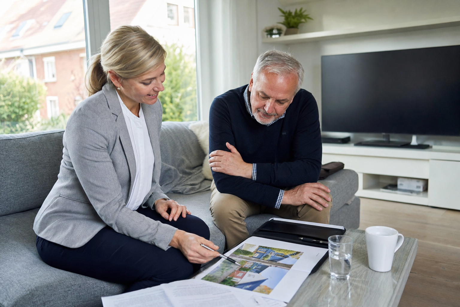 Makler und Eigentümer besprechen Verkaufsstrategie in einem Wohnzimmer in Cuxhaven
