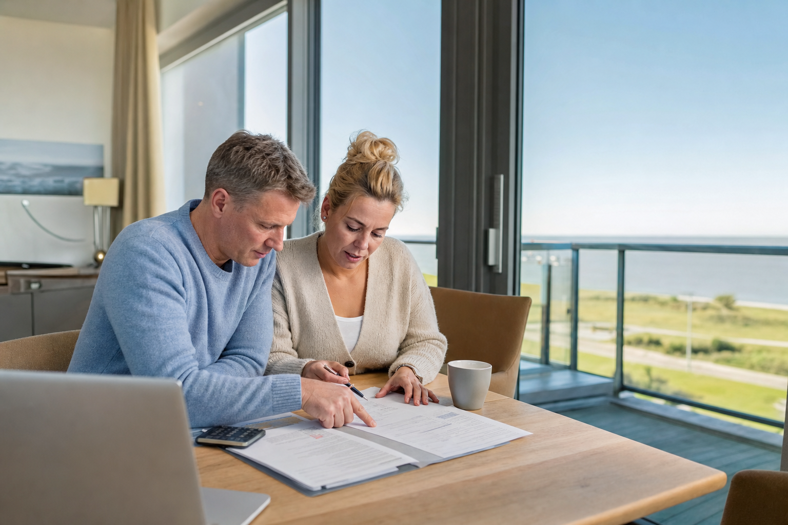 Paar prüft Finanzierungsunterlagen am Esstisch einer Ferienwohnung in Cuxhaven