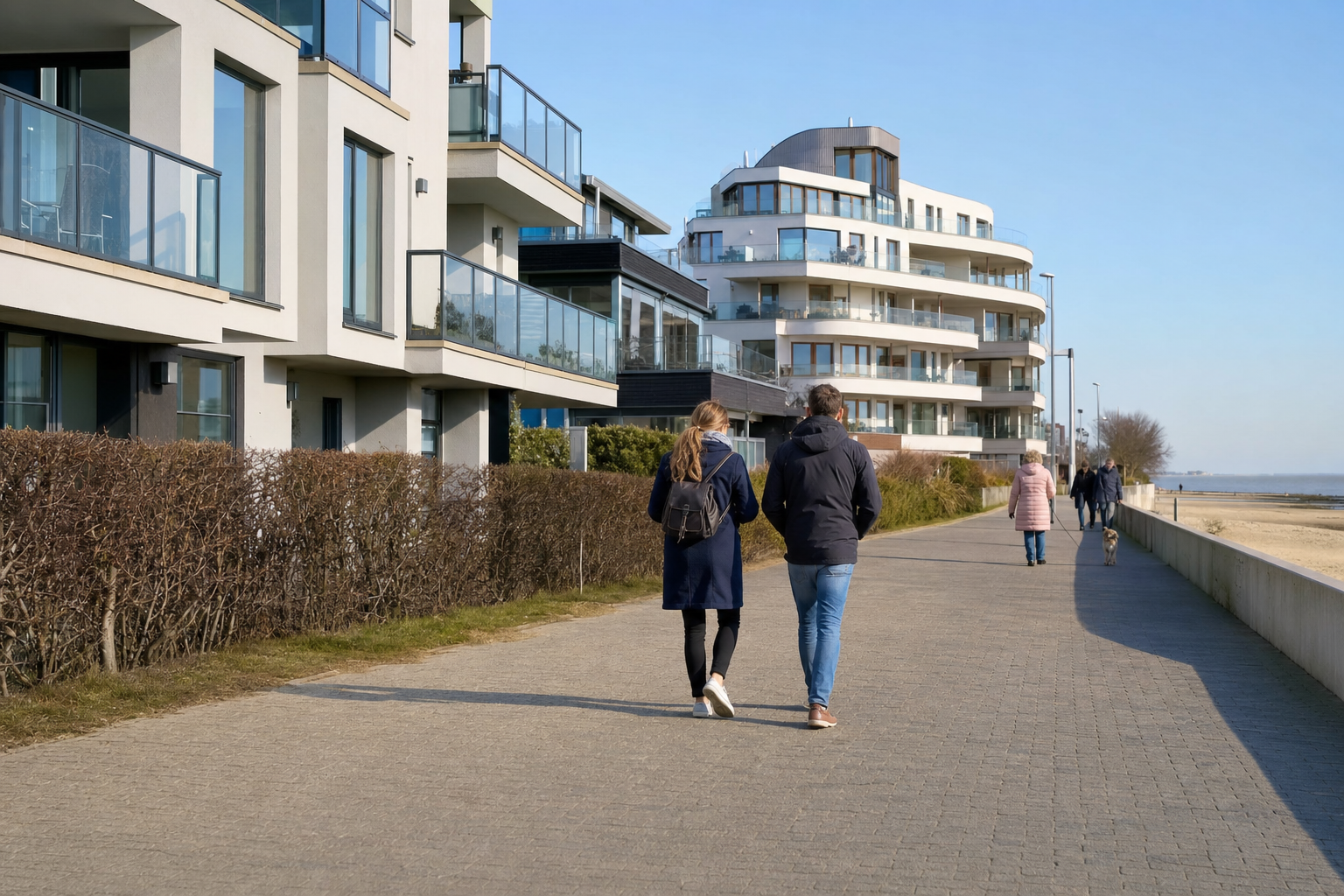 Spaziergänger vor Wohnhäusern und Ferienwohnungen nahe dem Strand von Cuxhaven