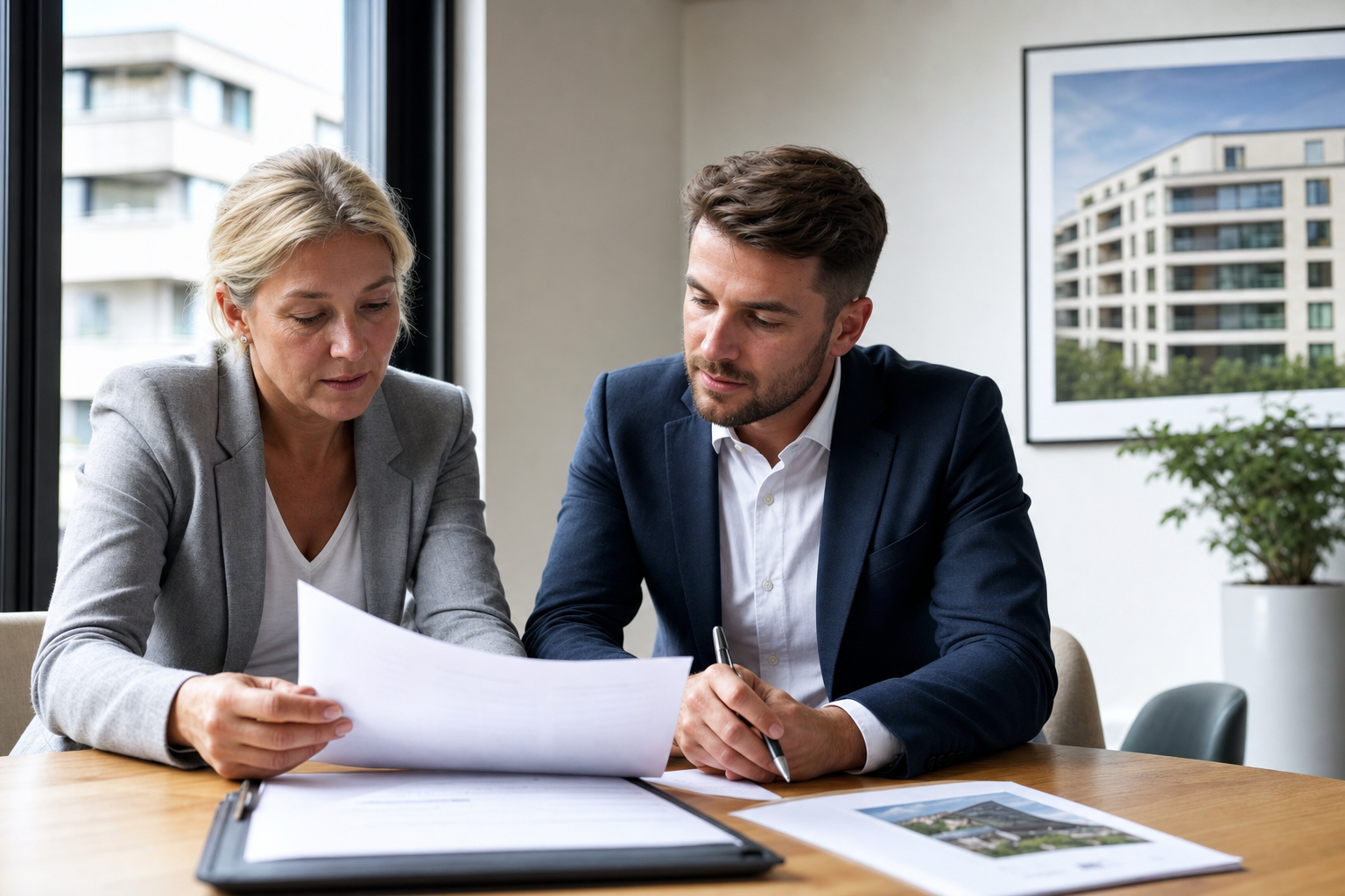 Immobilienberater und Wohnungseigentümer bei der gemeinsamen Prüfung von Verkaufsunterlagen