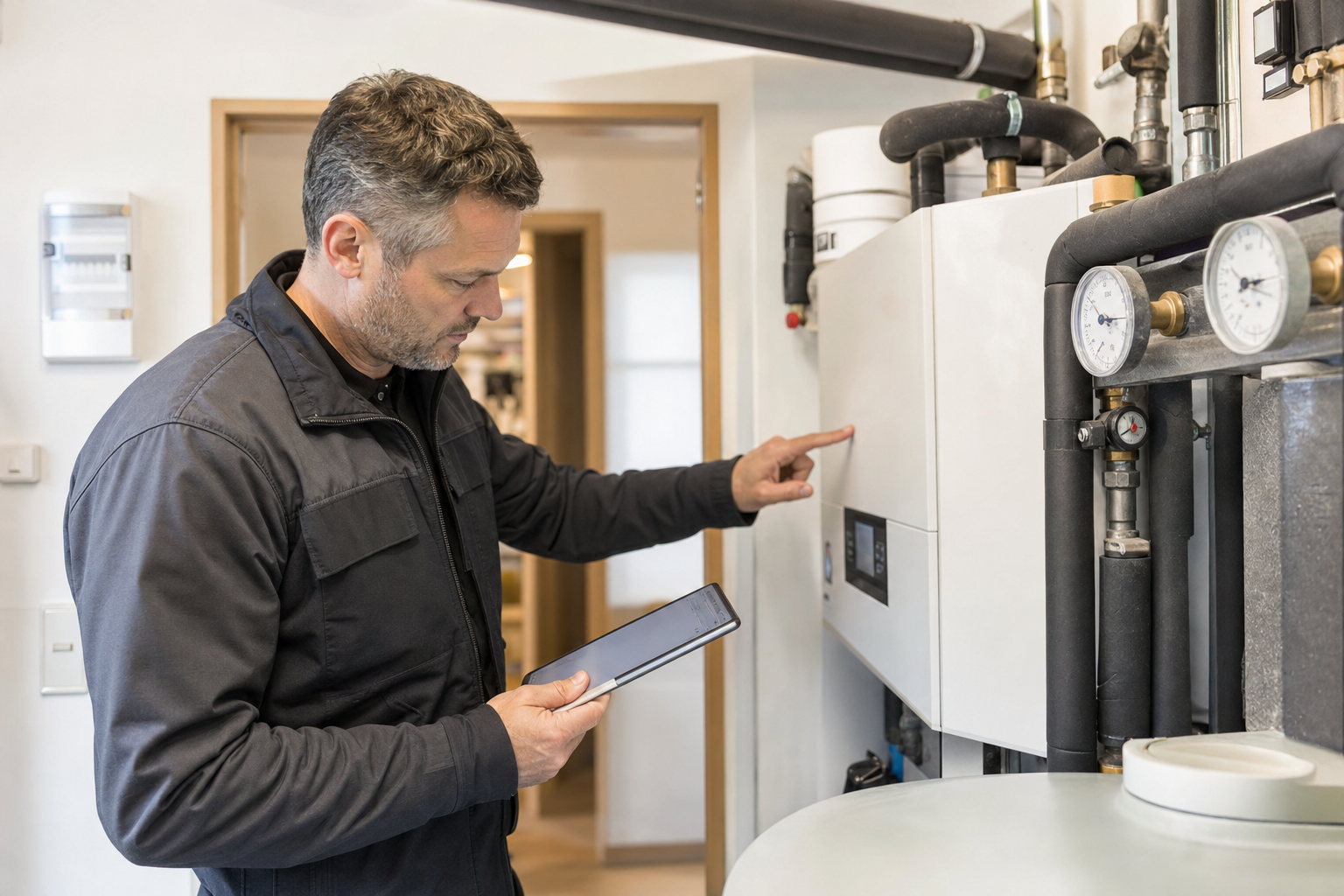 Energieberater prüft Heizungsanlage und Gebäudedaten in einem Einfamilienhaus
