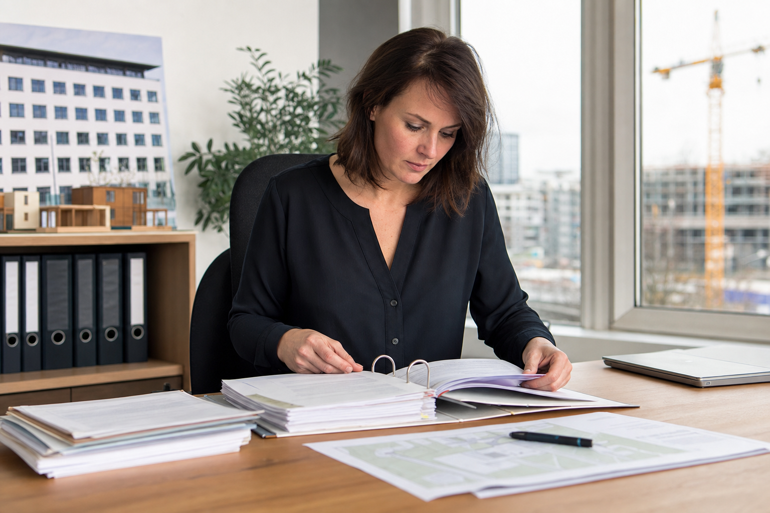 Immobilieneigentümerin sortiert notarielle Verträge, Rechnungen und Grundbuchunterlagen in einem Ordner