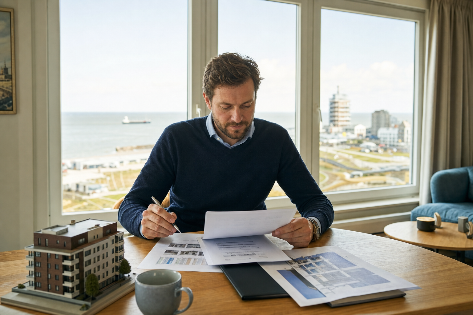 Immobilieninvestor prüft Mietunterlagen in einer Wohnung mit Blick auf die Cuxhavener Küste