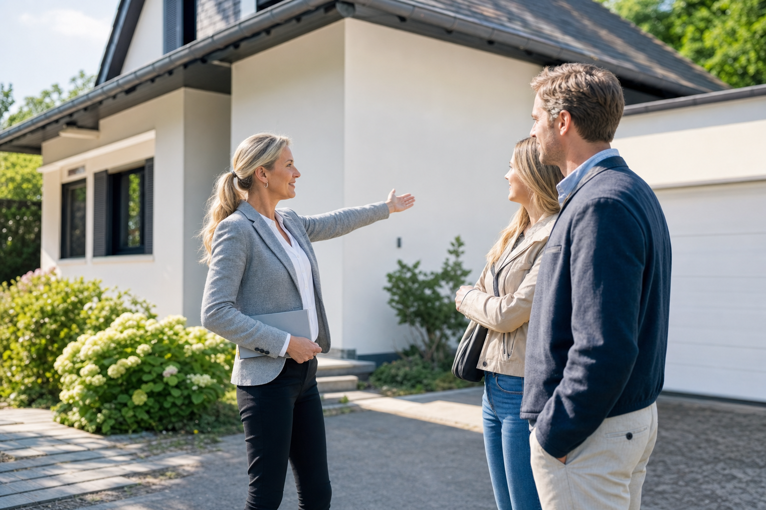 Maklerin führt ein Käuferpaar bei Tageslicht durch ein gepflegtes Einfamilienhaus