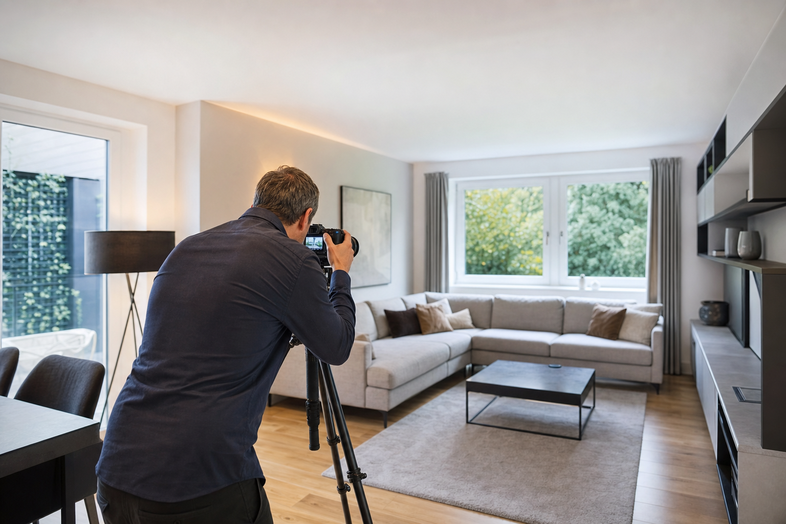 Immobilienfotografin nimmt ein helles Wohnzimmer für ein Verkaufsexposé auf