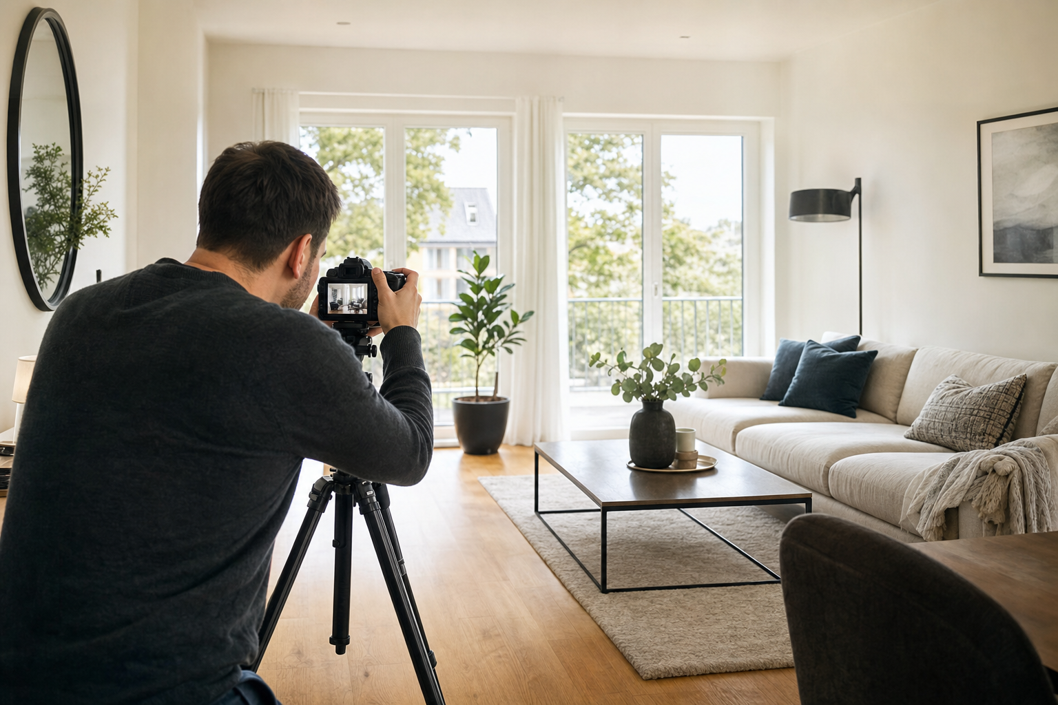 Fotografin nimmt ein helles Wohnzimmer für ein Immobilienexposé auf