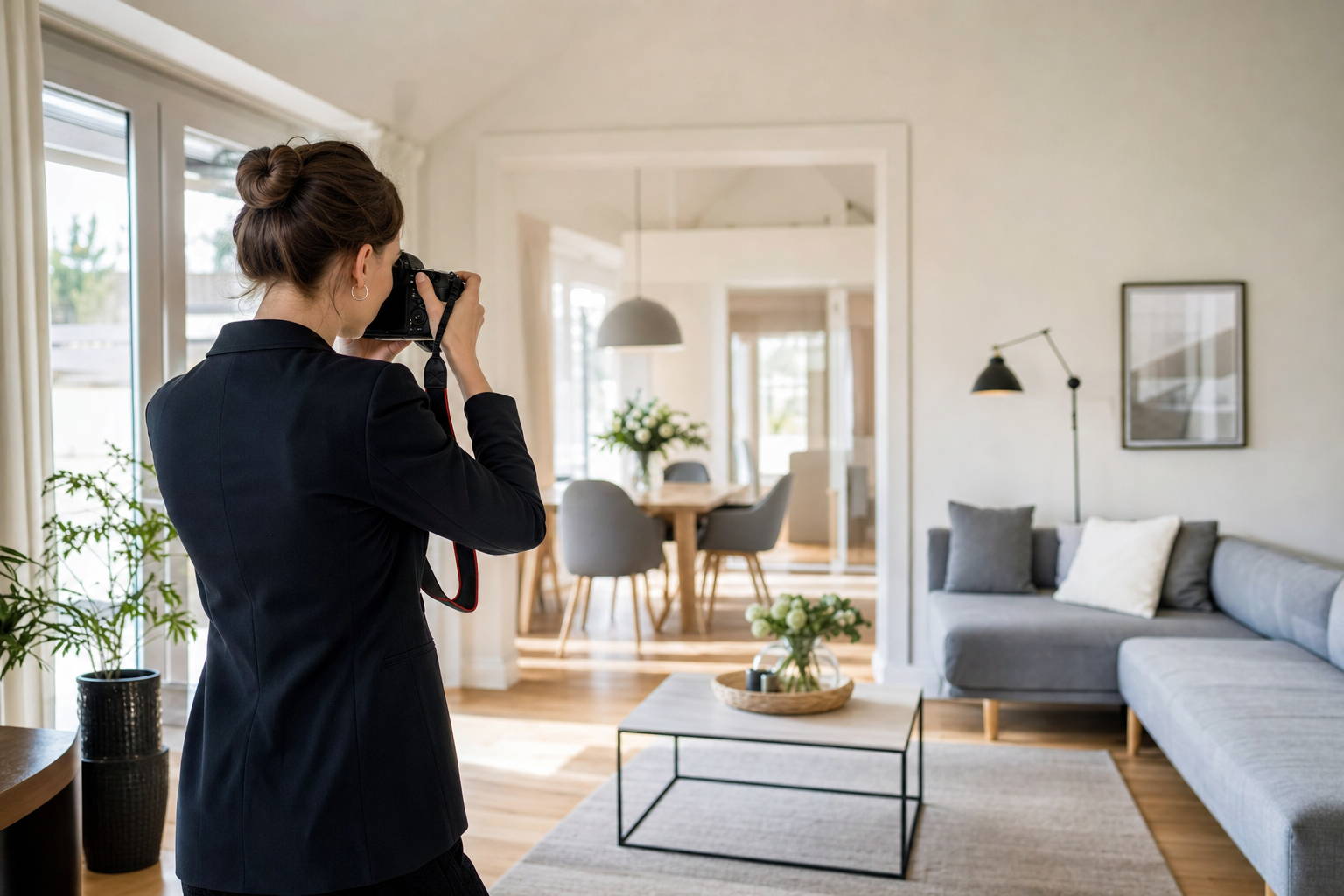 Maklerin fotografiert ein helles und aufgeräumtes Wohnzimmer für das Verkaufsexposé